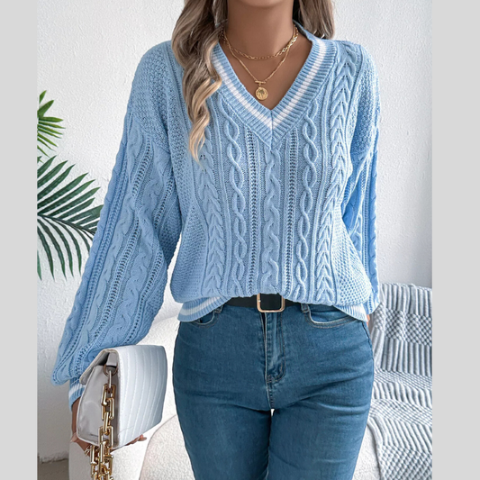 V-Neck Cable Knit Sweater with Striped Trim