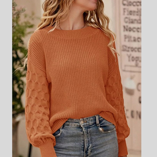 Textured Sleeve Round Neck Sweater