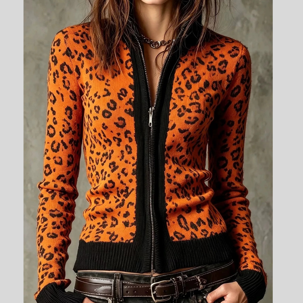 Leopard Zip-Up Knit Cardigan