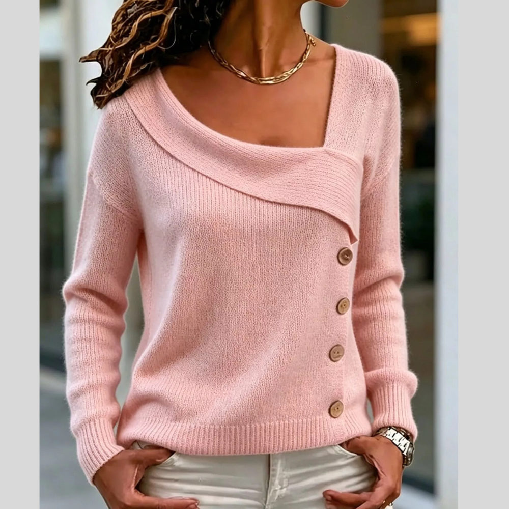 Asymmetrical Neck Decorative Button Sweater