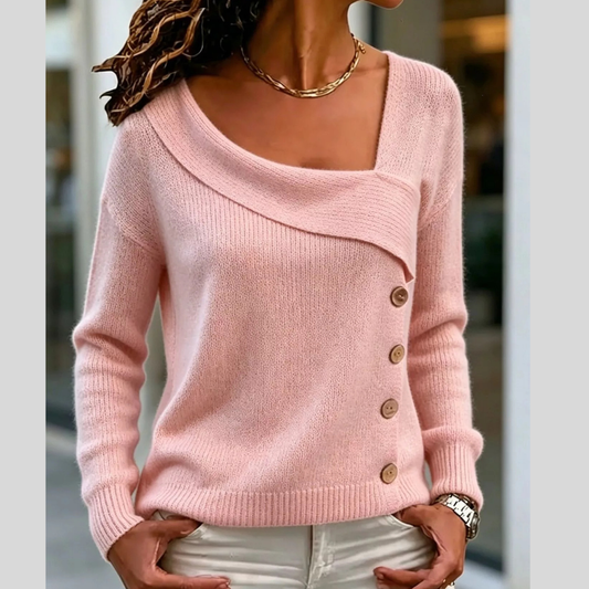 Asymmetrical Neck Decorative Button Sweater