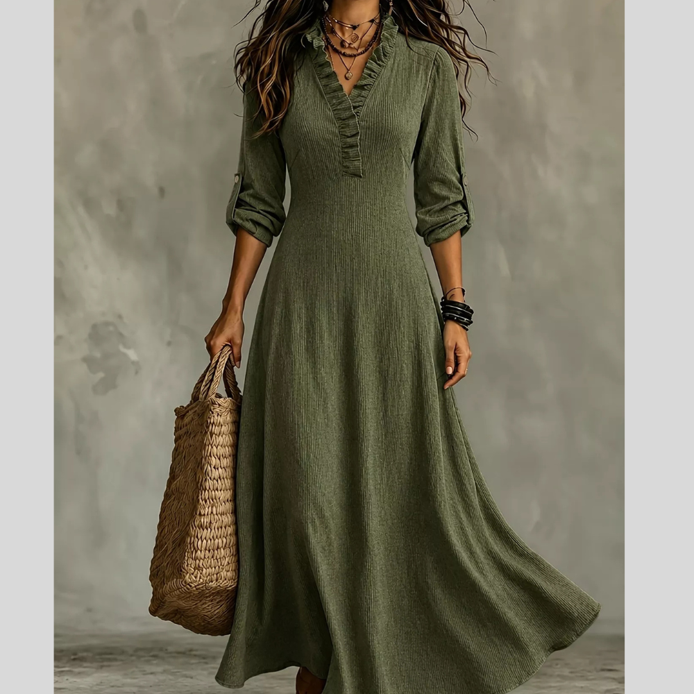 Full Size V-Neck Maxi Dress with Roll-Up Sleeves Plus Size