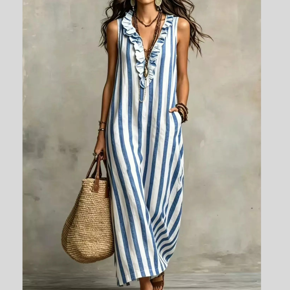 Full Size Sleeveless Striped Ruffle V-Neck Maxi Dress Plus Size