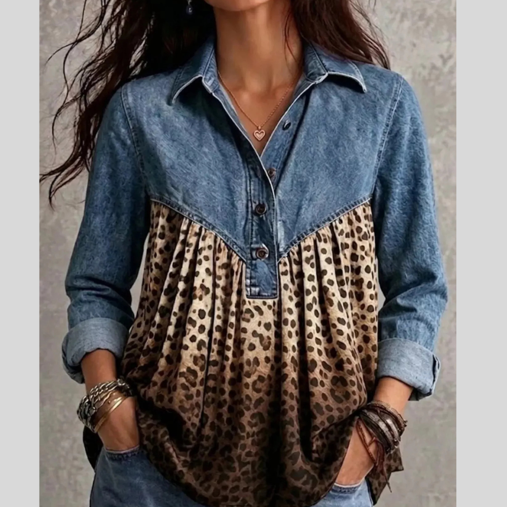 Full Size Leopard Button Detail Blouse Plus Size