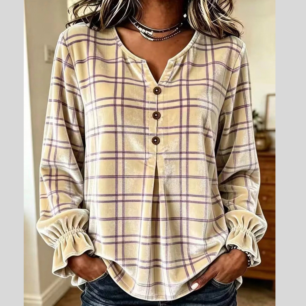 Full Size Plaid Velvet Flounce Sleeve Blouse Plus Size