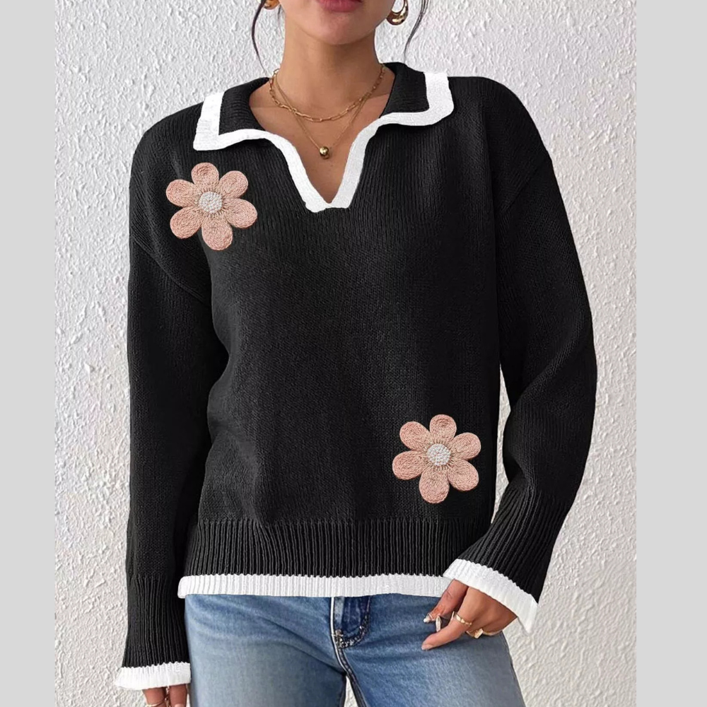 Flower Contrast Trim Dropped Shoulder Sweater
