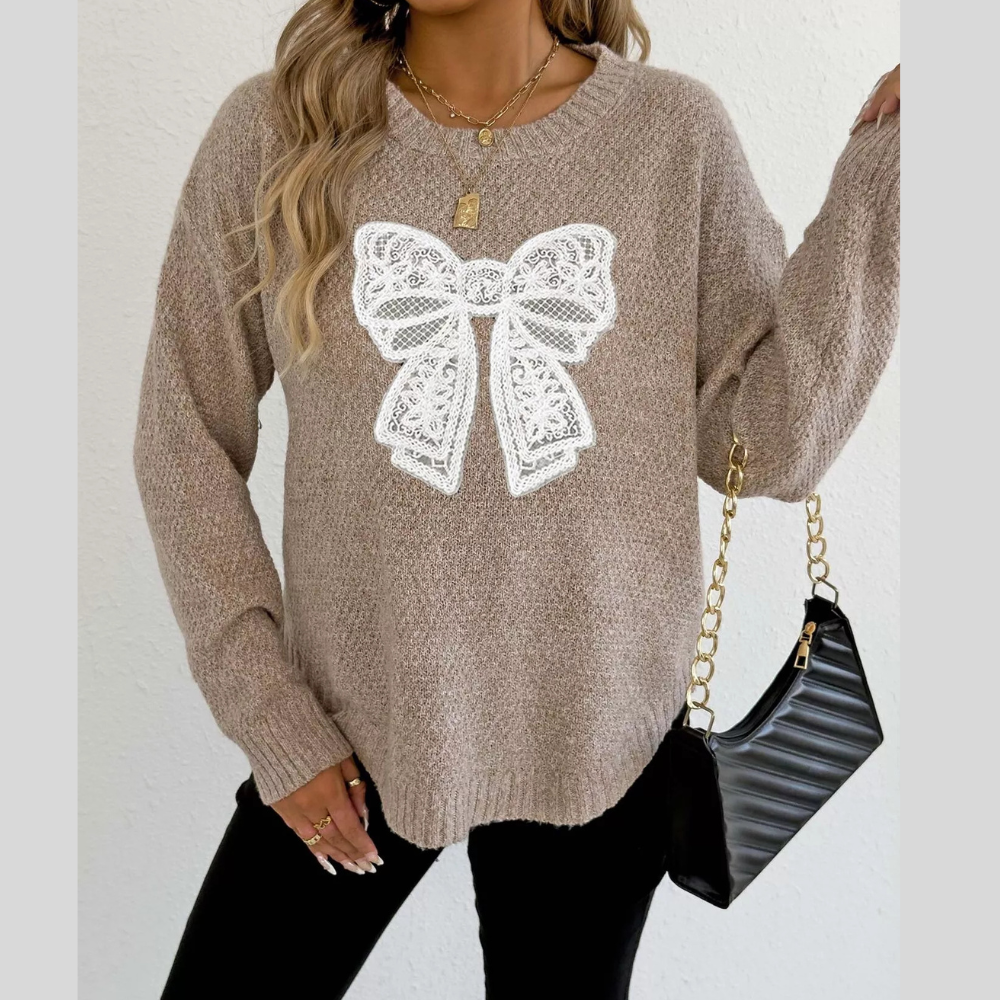 Lace Bow Embroidered Round Neck Sweater