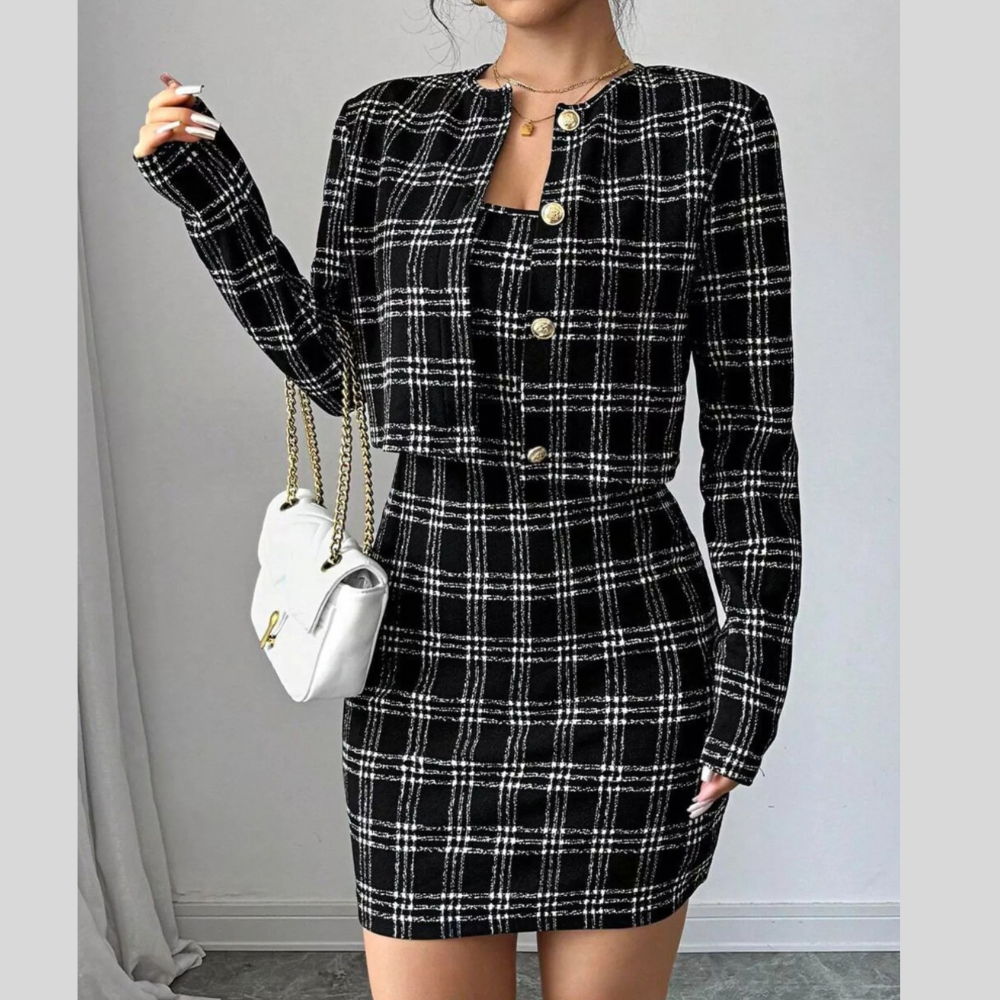 Plaid Tweed Crop Outerwear and Bodycon Mini Dress Two-Piece Set