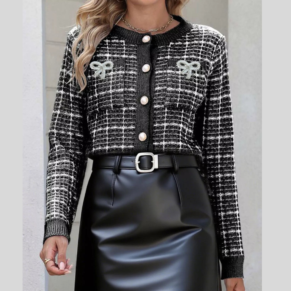 Tweed-Style Bow Button-Down Cardigan