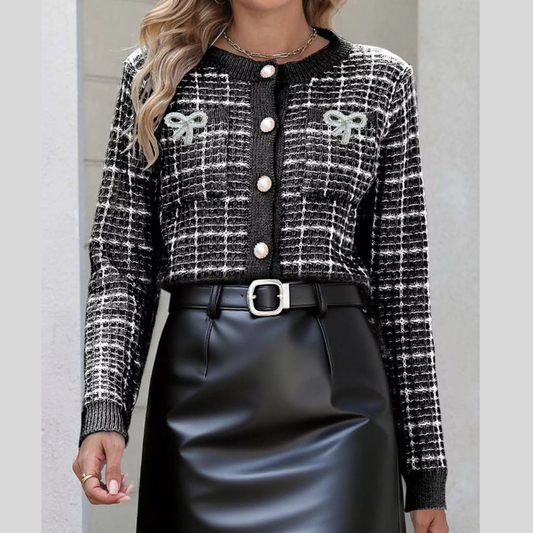 Tweed-Style Bow Button-Down Cardigan