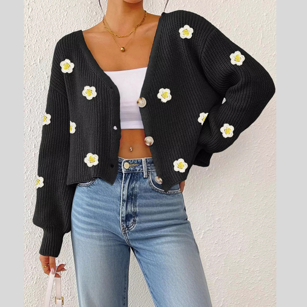 Floral V-Neck Button-Down Cropped Cardigan
