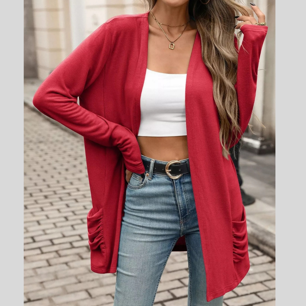 Ruched Pocket Open Front Cardigan