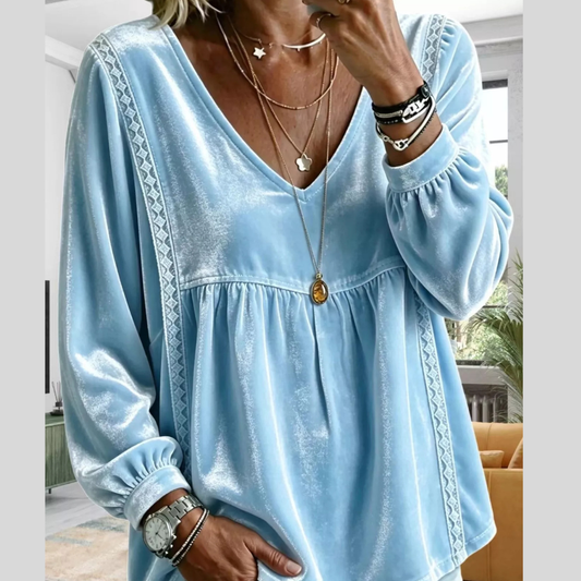 Full Size Velvet Lace Detail V-Neck Blouse Plus Size