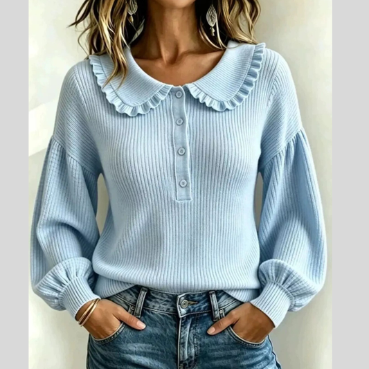Full Size Ruffle Collar Button Detail Sweater Plus Size