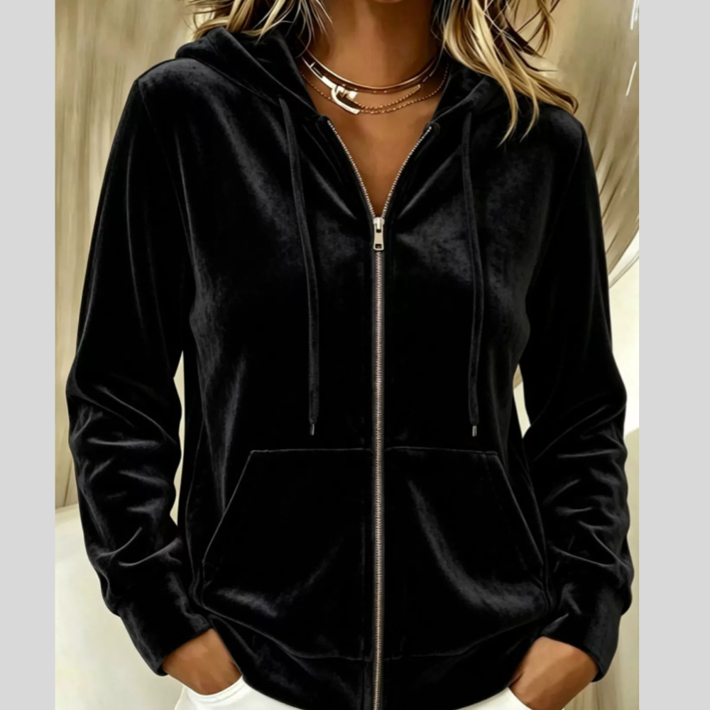 Full Size Velvet Zip-Up Outerwear with Drawstring Plus Size