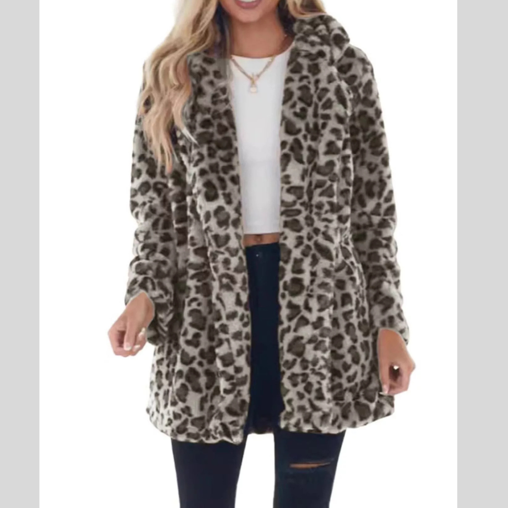 Full Size Leopard Faux Fur Open Front Outerwear Plus Size