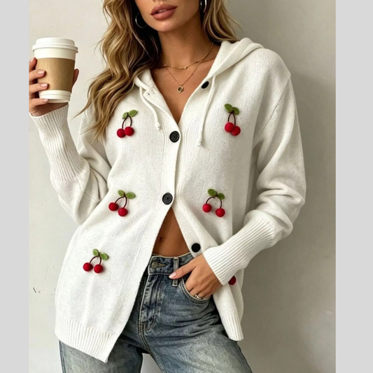 Full Size 3D Cherry Applique Hooded Cardigan Plus Size