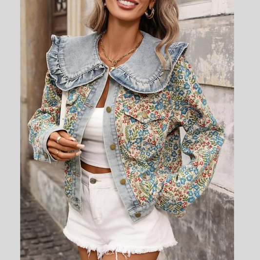 Floral Ruffle Collar Denim Jacket