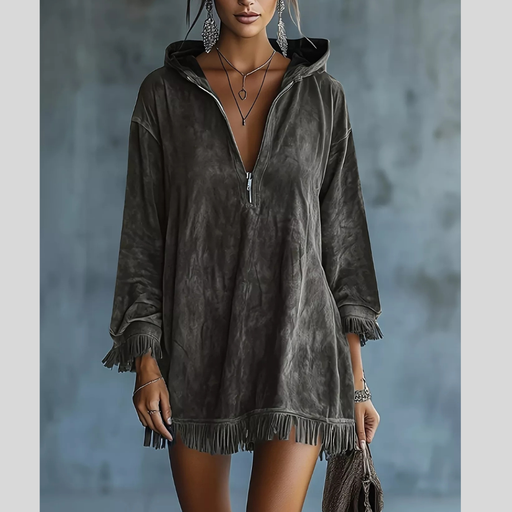Full Size Hooded Fringed Half Zip Mini Dress Plus Size
