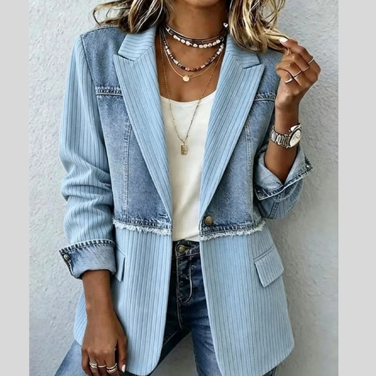 Full Size Patchwork Denim Ribbed Blazer Plus Size