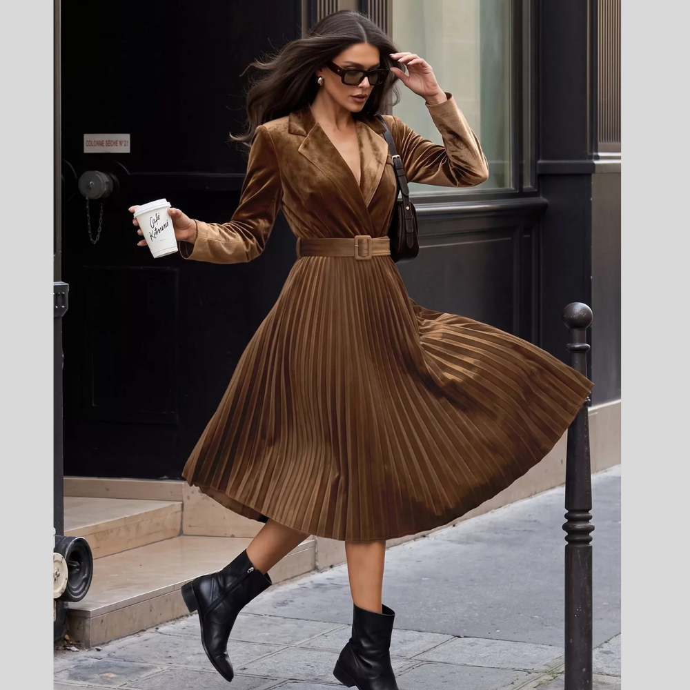Velvet Pleated Midi Blazer Dress