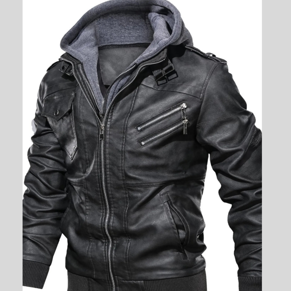 Men's Full Size Hooded Faux Leather Motorcycle Jacket Plus Size