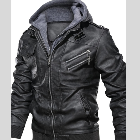 Men's Full Size Hooded Faux Leather Motorcycle Jacket Plus Size