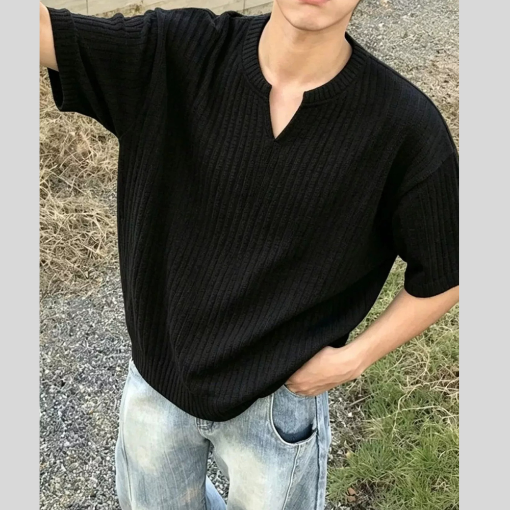Men's Plus Size Casual Notched Ribbed T-Shirt