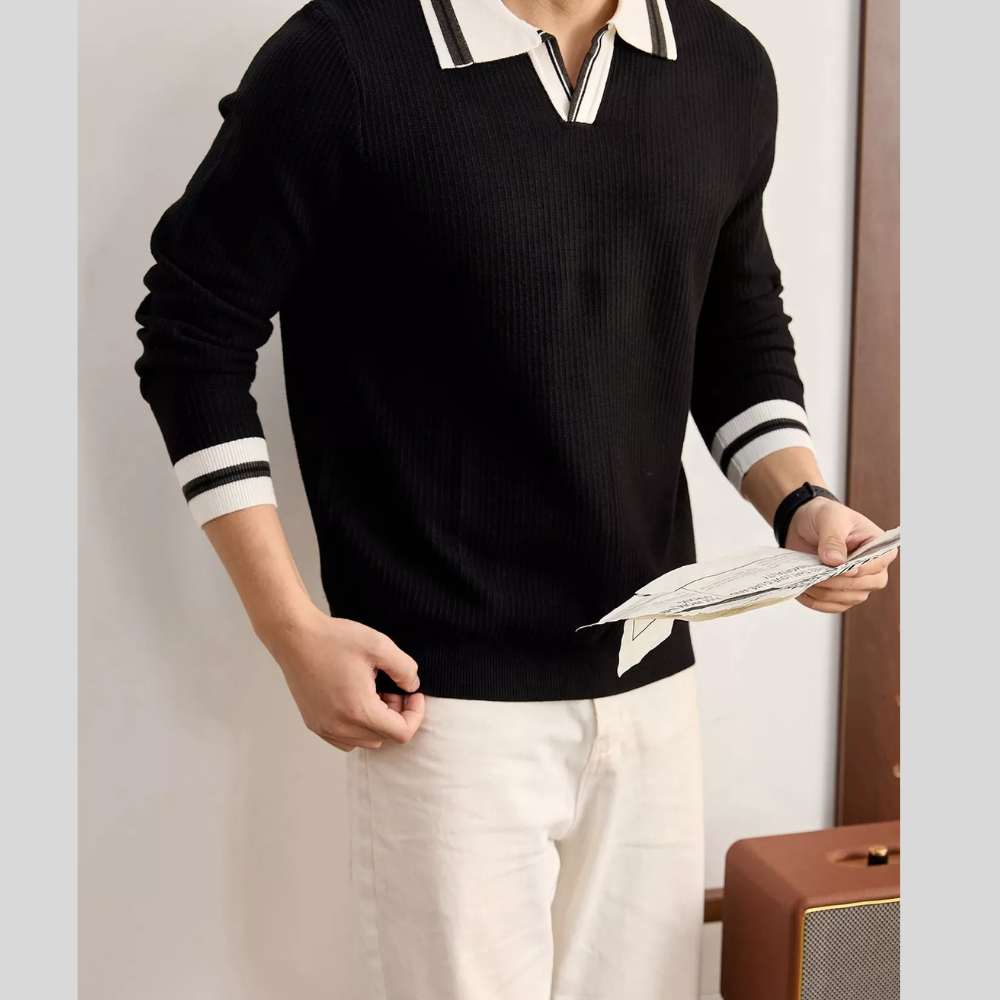 Men's Plus Size Contrast Trim Polo Collar Ribbed Knit Sweater