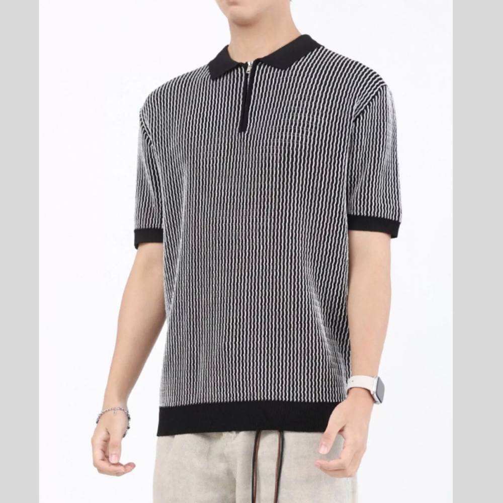 Men's Plus Size Striped Knitted Zip-Up Polo