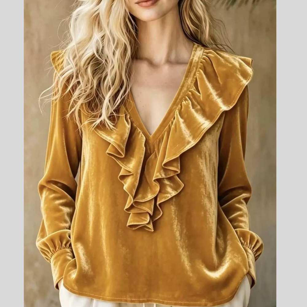 Full Size Velvet Ruffle V-Neck Blouse Plus Size