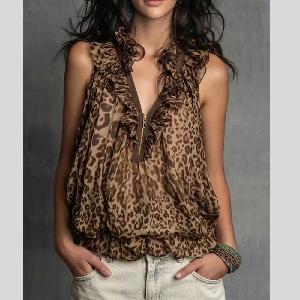 Full Size Leopard Quarter Zip Sleeveless Top Plus Size