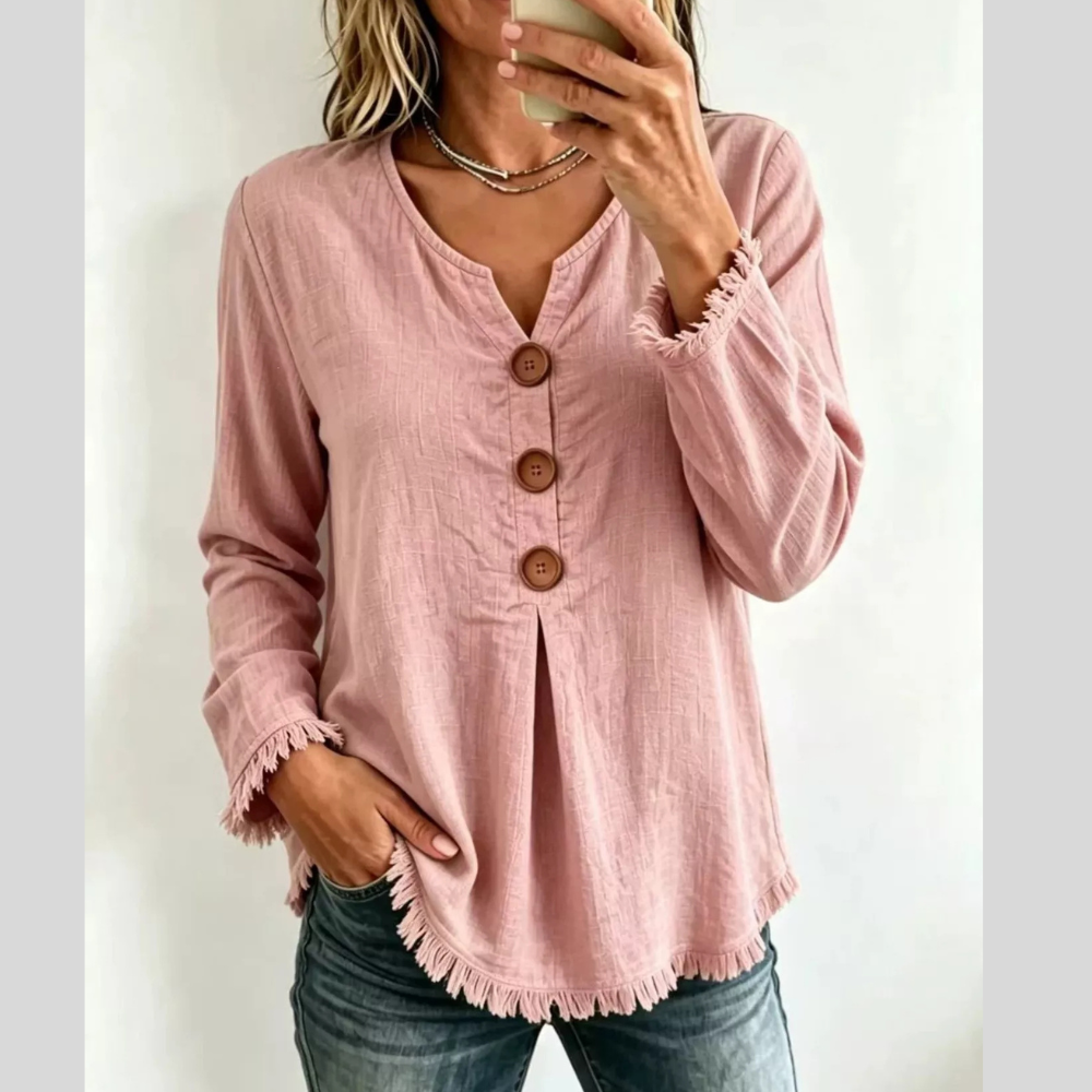 Full Size Frayed Hem Long Sleeve Blouse Plus Size