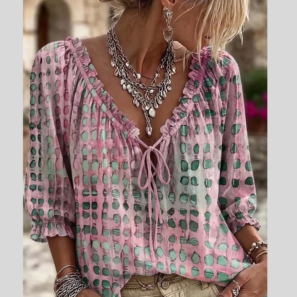Full Size Tie Neck 3/4 Sleeve Casual Blouse Plus Size