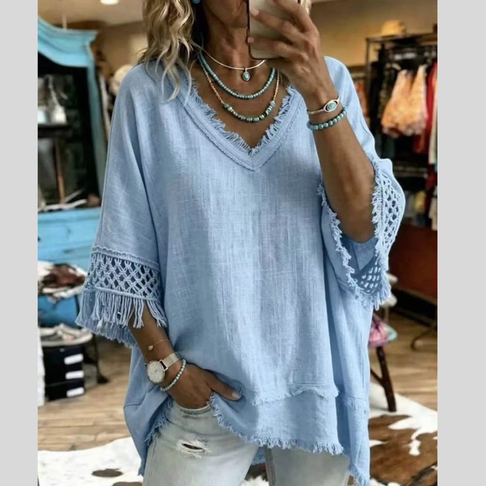 Full Size Fringe Trim V-Neck Loose Fit Blouse Plus Size