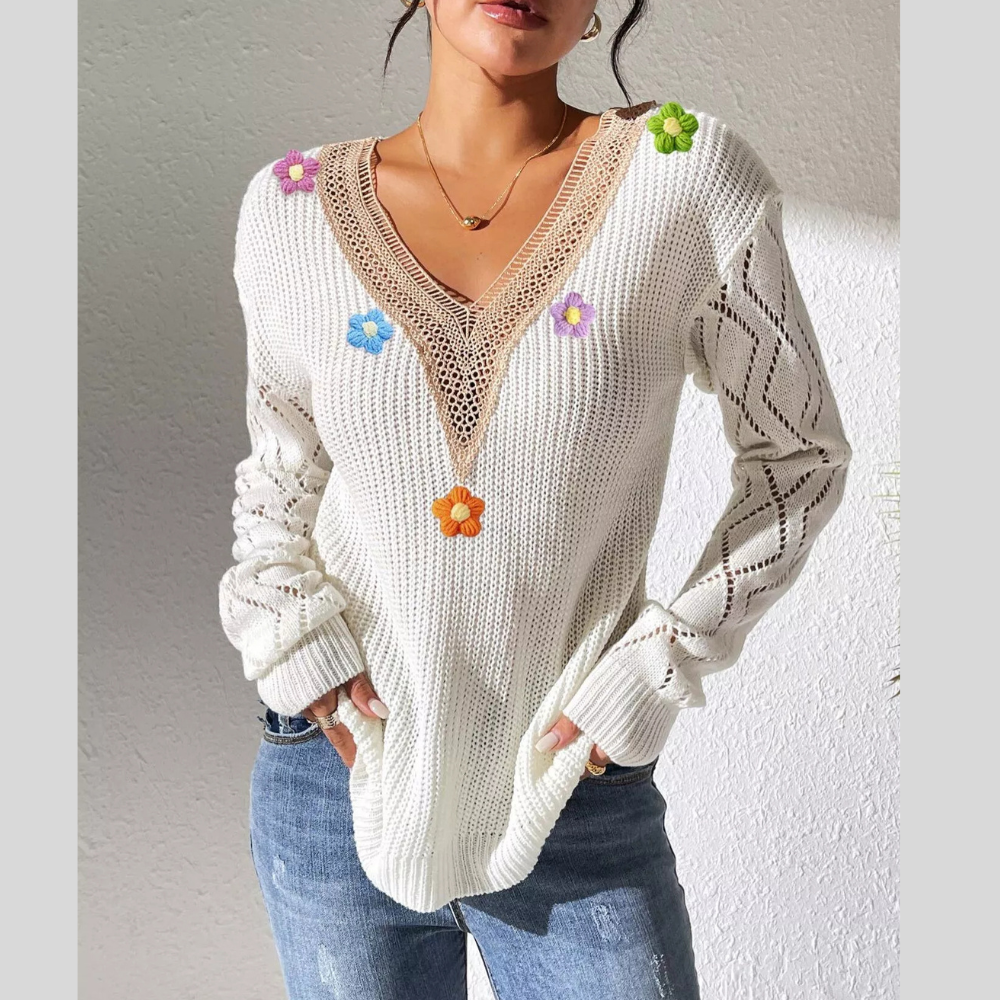 Floral Applique V-Neck Openwork Sweater