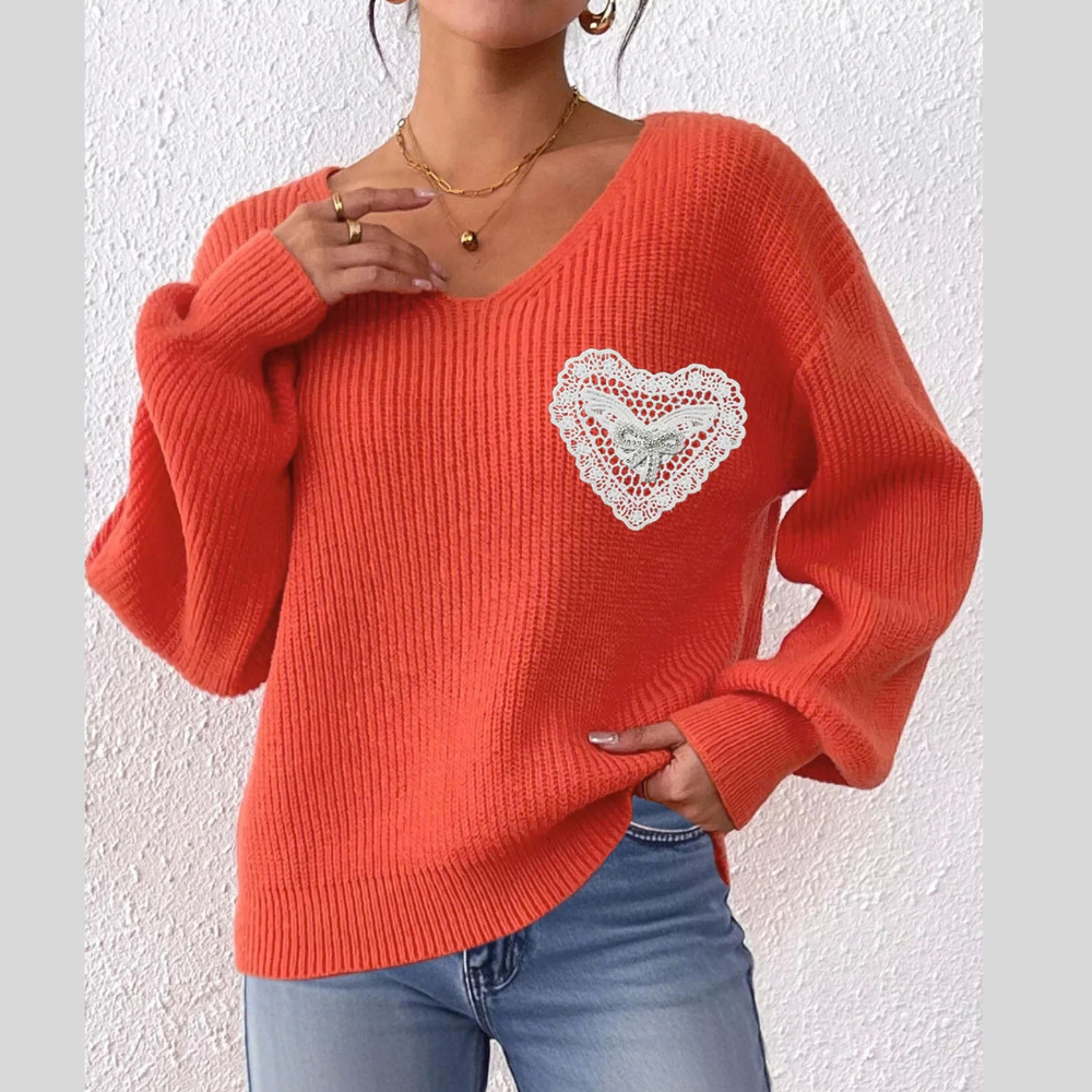 Lace Heart Dropped Shoulder Sweater