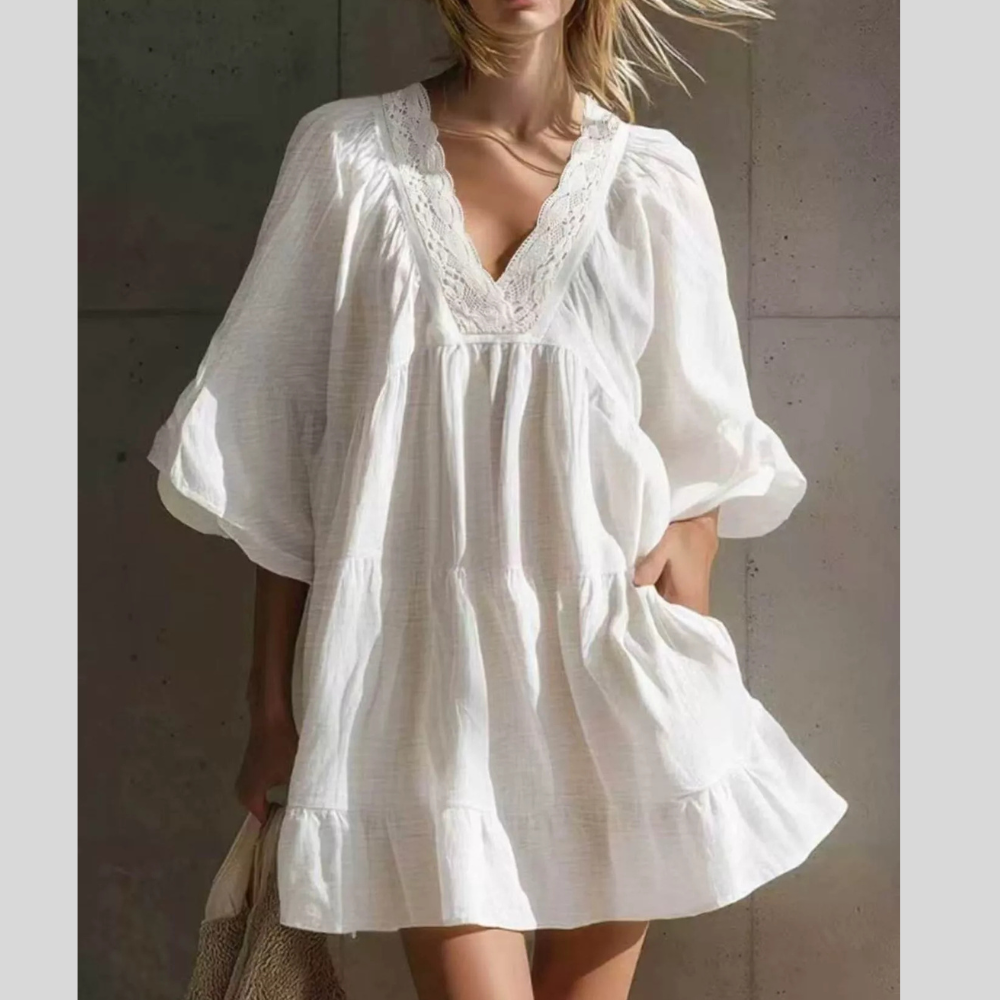 Full Size Lace Trim Puff Sleeve Mini Dress Plus Size