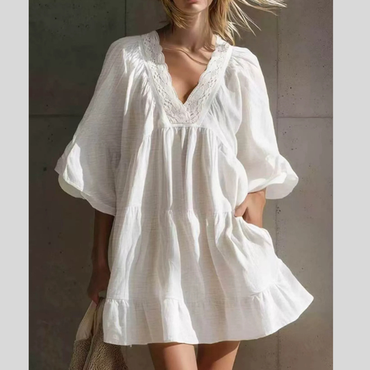 Full Size Lace Trim Puff Sleeve Mini Dress Plus Size