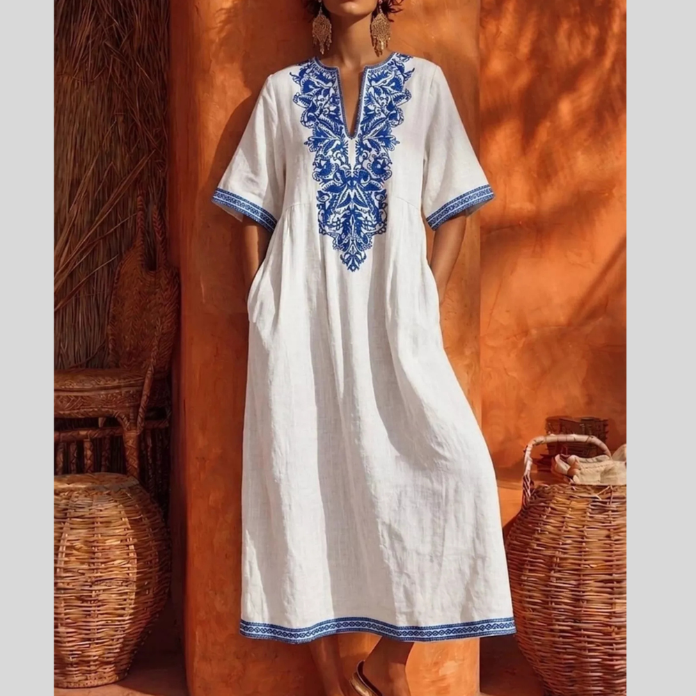 Printed Notched Half Sleeve Midi Dress