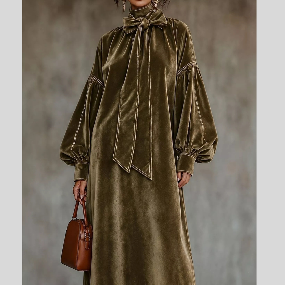 Full Size Velvet Tie-Neck Lantern Sleeve Midi Dress Plus Size