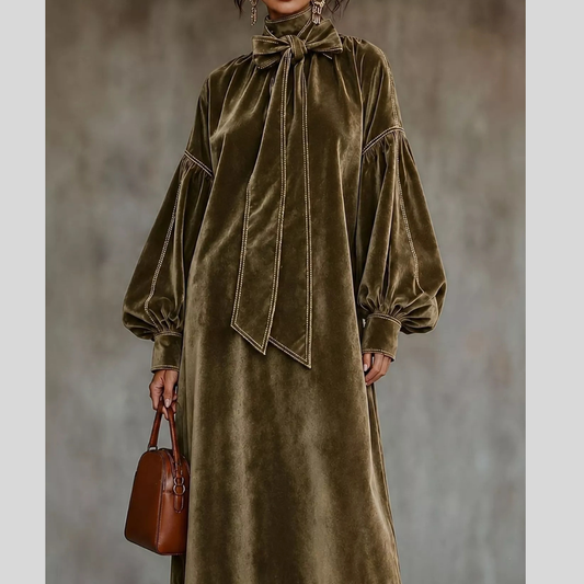 Full Size Velvet Tie-Neck Lantern Sleeve Midi Dress Plus Size