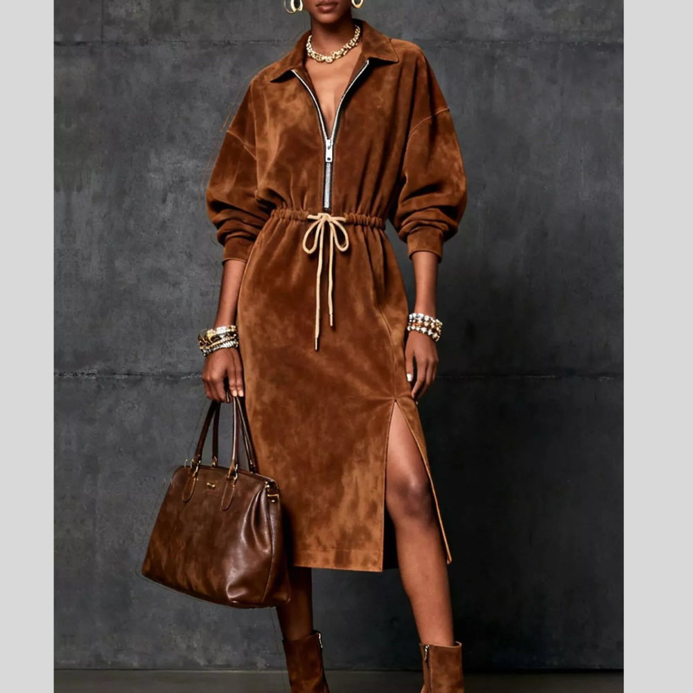 Drawstring Waist Zip-Front Midi Dress