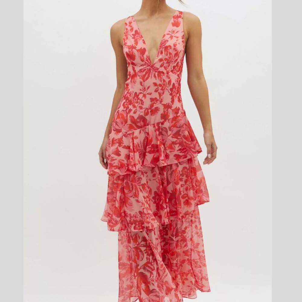 V-Neck Sleeveless Floral Print Layered Ruffle Maxi Dress