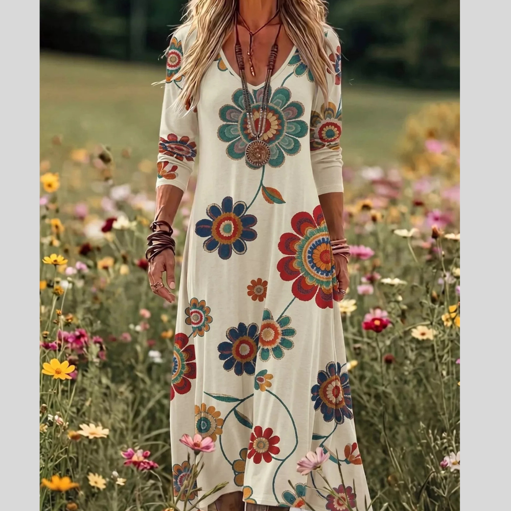 Floral Print V-Neck Long Sleeve Maxi Dress