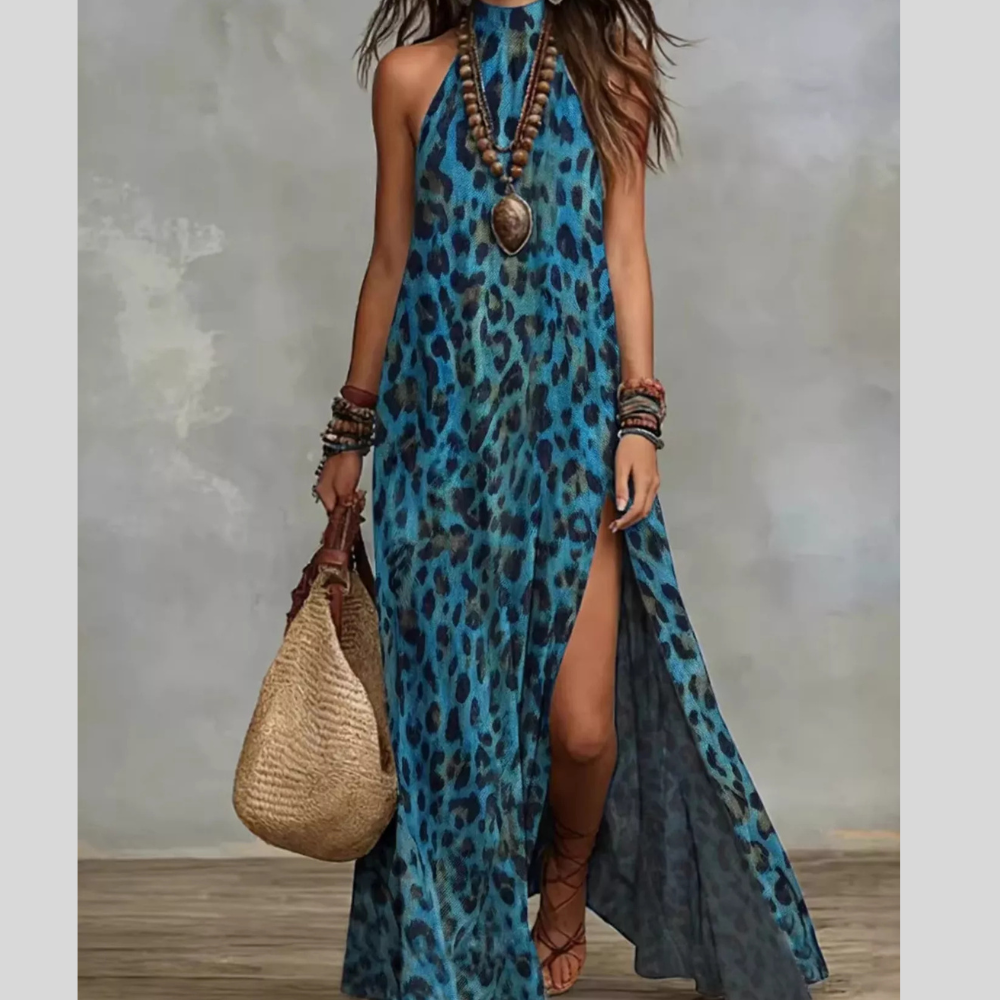 Leopard Print Sleeveless Maxi Dress with Side Slit
