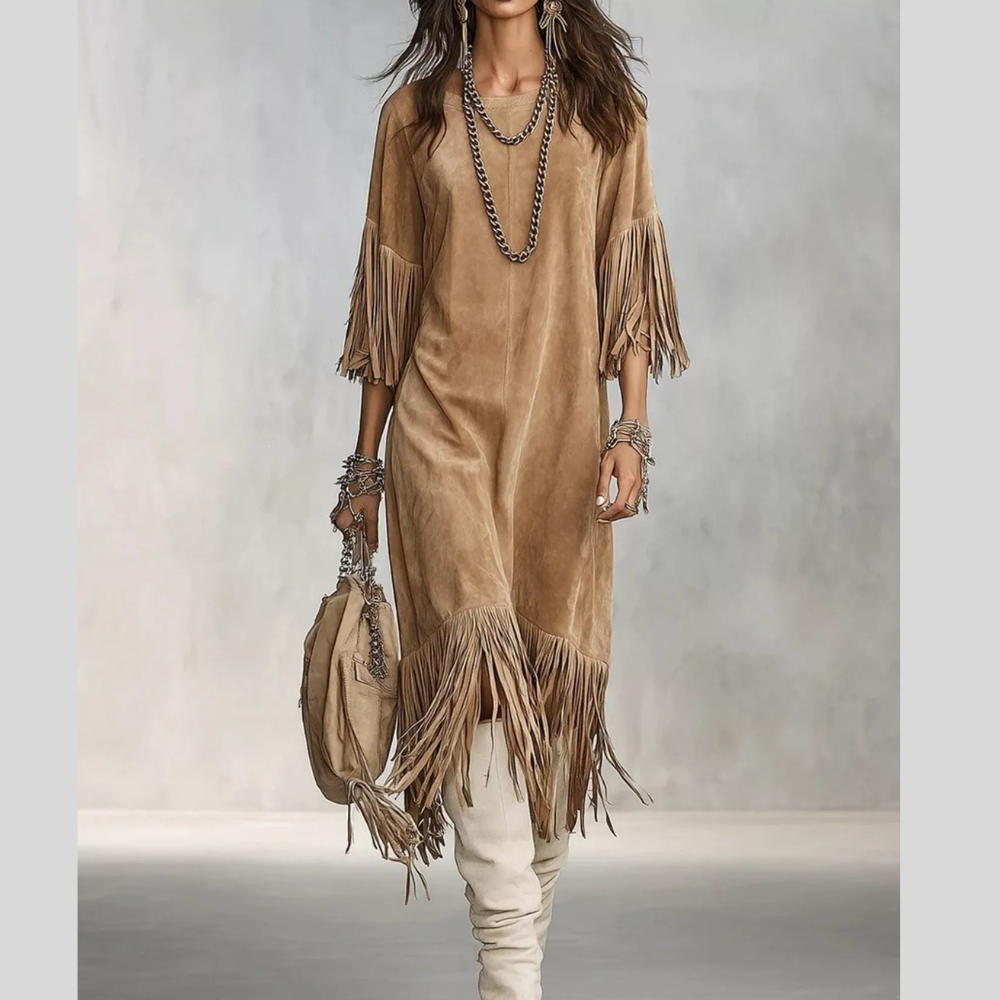 Fringed Round Neck Midi Dress