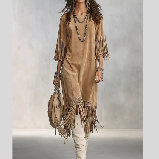 Fringed Round Neck Midi Dress