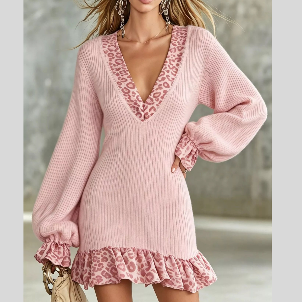 Leopard Print Ruffled Trim Knit Dress