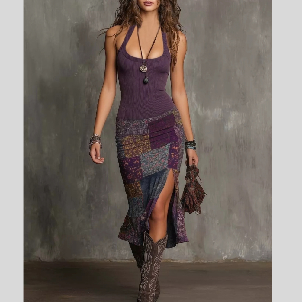 Slit Printed Sleeveless Midi Dress